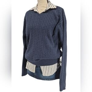 IZOD Y2K Preppy Cable Knit V-Neck Sweater Navy Blue Classic Size L‎